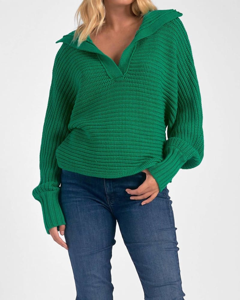 Front of a model wearing a size L Savannah Collared Sweater in Kelly Green in Kelly Green by ELAN. | dia_product_style_image_id:343559